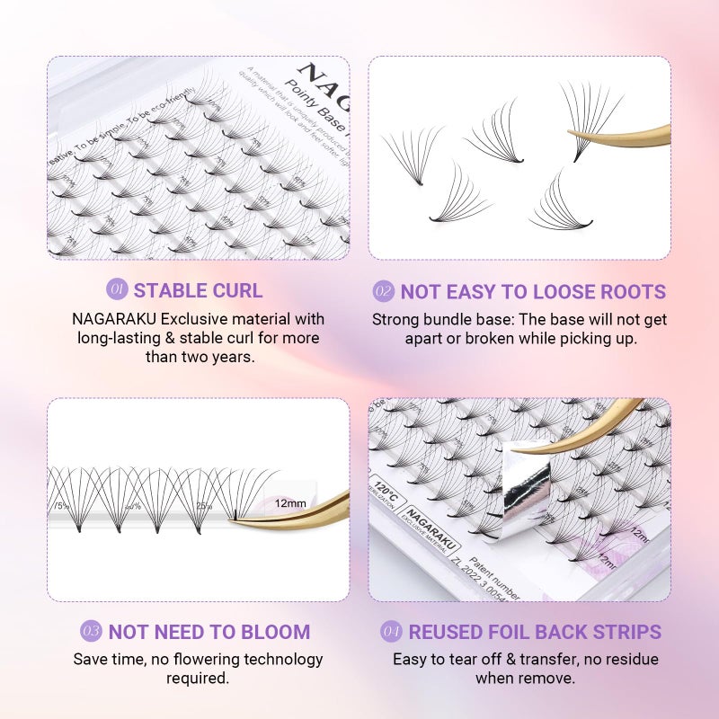 نجراكو وصلات رموش جاهزة من ناجاراكو، وصلات رموش كثيفة جاهزة، 120 خصلة، 7D، انحناء 0.07C، 13 مم، ساق رفيعة مدببة، قاعدة رفيعة، وصلات روسية جاهزة، رموش كثيفة جاهزة، رموش ناعمة - Image 3